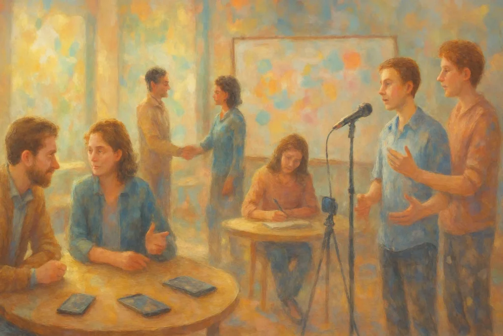 Impressionist portrayal of a sunlit communal learning room where multiple vignettes unfold: a leader leaning in at a roundtable, two people exchanging a calm conflict-resolution handshake, a speaker rehearsing into a microphone while a peer offers gentle feedback, someone jotting reflective notes beside a colorful whiteboard and sticky notes. Scattered smartphones and tablets, open expressive body language and warm eye contact are rendered in loose brushstrokes and a rich pastel palette, evoking trust, empathy, and ethical influence.