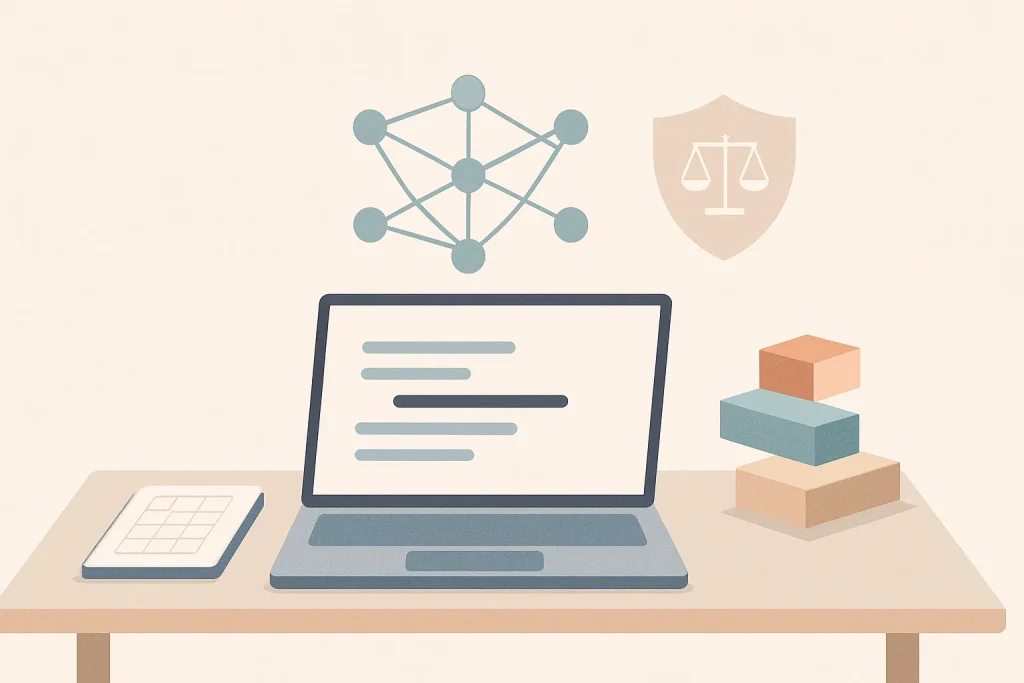 Minimalist Nordic flat illustration of a tidy desk with a sleek laptop showing abstract code lines and an open notebook with a simple Jupyter-style cell grid. A stylized neural network of nodes and connecting lines floats above the workspace; layered geometric blocks form stepping stones that suggest step-by-step learning, while a subtle balanced scale/shield symbol nods to ethics and safety. Muted pastel palette, abundant negative space, crisp geometric shapes and soft shadows produce a calm, centered high-resolution composition, with no text or labels.