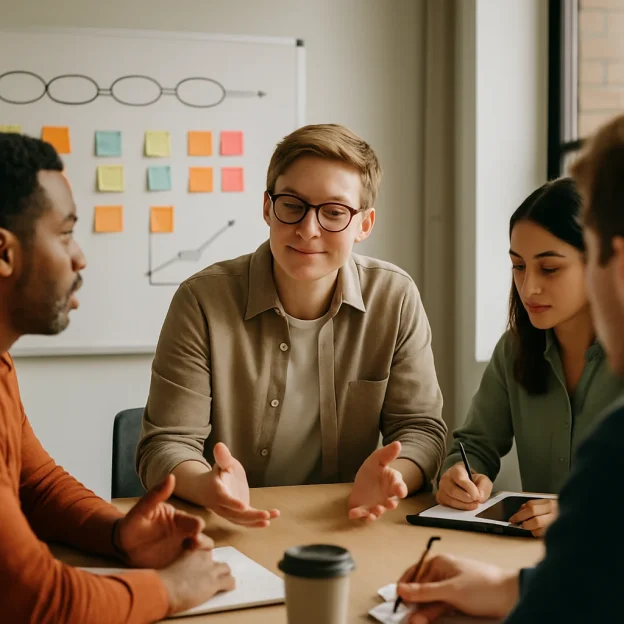 A candid editorial photo of a small, diverse team gathered around a modern meeting table as an approachable, gender-neutral leader leans forward with open palms listening intently; one member speaks while another takes notes on a tablet, and a clean visual roadmap with colored sticky notes and an unlabeled progress chart hangs behind them. Warm natural window light, shallow depth of field and inclusive business-casual attire create a soft, authentic scene that conveys coaching leadership — clarity of vision, supportive development, trust and ownership.