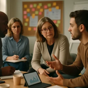A candid, photorealistic documentary-style scene of a small, diverse group of frontline supervisors and middle managers in a modern Scandinavian meeting room during a coaching workshop — a middle-aged woman leans forward listening intently to a younger colleague who speaks and gestures, two nearby participants practice active listening and jot notes; a wall-sized board of colorful sticky notes and blurred diagrams, an indistinct bar chart on a laptop, scattered notebooks, pens and coffee cups, and a flip chart with abstract shapes provide context. Warm natural daylight, soft shadows and shallow depth of field keep the focus on human connection, coaching posture and a collaborative, reflective mood.