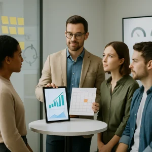 Photorealistic scene of a small modern office micro‑learning session: a confident team leader in smart casual attire stands at a high table showing a tablet with simple colorful charts and a printed 90‑day calendar with three blocks highlighted. Three attentive teammates gather around, a glass wall behind them holds a tidy kanban of sticky notes and a whiteboard with a hand‑drawn PDCA circle and a minimal flow sketch. A large monitor in the background displays uncluttered KPI-style gauges and bar charts. Soft natural daylight, shallow depth of field, calm focused expressions, and a clean minimalist composition with no visible text or logos.