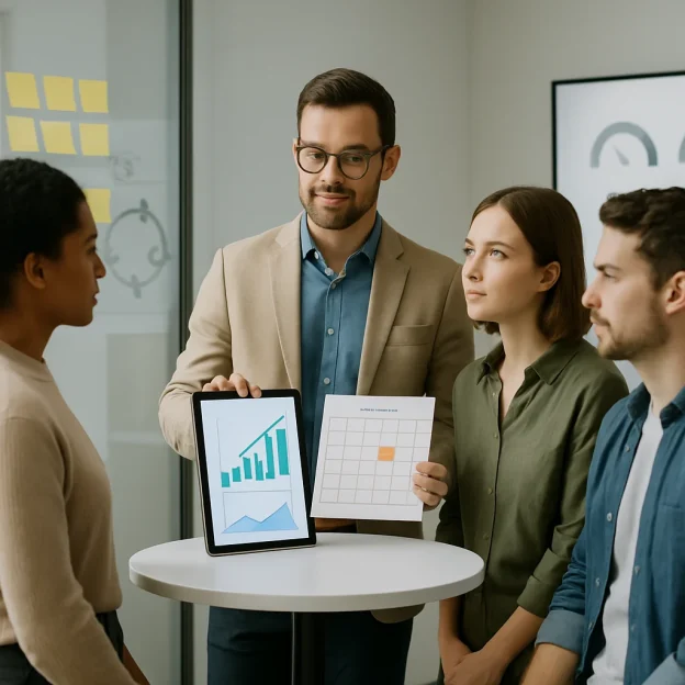 Photorealistic scene of a small modern office micro‑learning session: a confident team leader in smart casual attire stands at a high table showing a tablet with simple colorful charts and a printed 90‑day calendar with three blocks highlighted. Three attentive teammates gather around, a glass wall behind them holds a tidy kanban of sticky notes and a whiteboard with a hand‑drawn PDCA circle and a minimal flow sketch. A large monitor in the background displays uncluttered KPI-style gauges and bar charts. Soft natural daylight, shallow depth of field, calm focused expressions, and a clean minimalist composition with no visible text or logos.