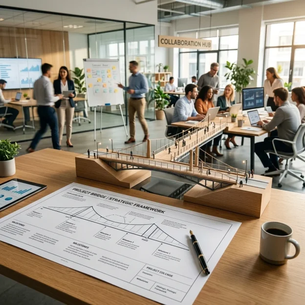 A sophisticated architectural model seamlessly transitioning from a conceptual blueprint into a vibrant, high-energy professional workspace.