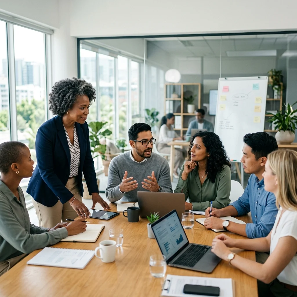 A diverse team of professionals engaged in a collaborative and empathetic meeting, illuminated by natural light in a contemporary office setting that fosters human connection.
