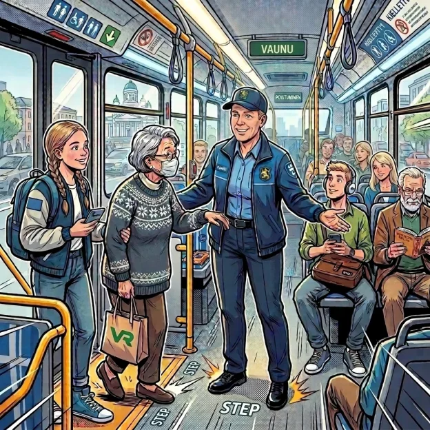 A vibrant comic-style illustration featuring a cheerful transit worker warmly assisting a diverse group of passengers aboard a modern, colorful bus.