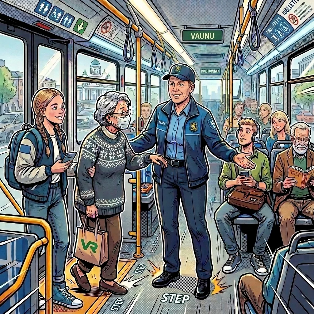 A vibrant comic-style illustration featuring a cheerful transit worker warmly assisting a diverse group of passengers aboard a modern, colorful bus.