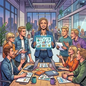 A dynamic comic-book style scene depicting a confident mentor guiding a diverse team through a strategic brainstorming session in a vibrant modern workspace.