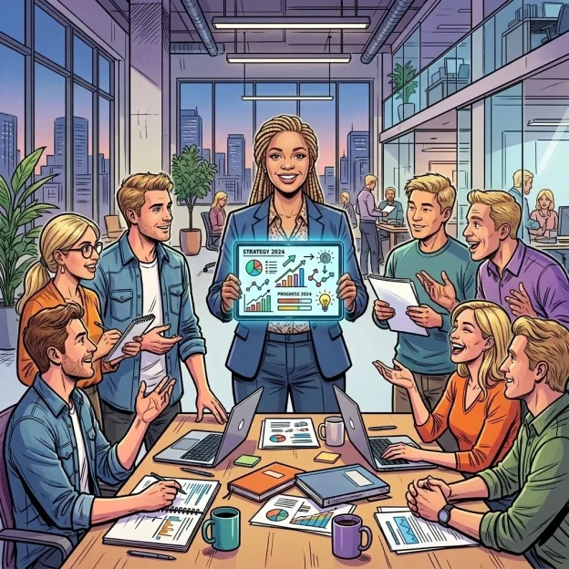 A dynamic comic-book style scene depicting a confident mentor guiding a diverse team through a strategic brainstorming session in a vibrant modern workspace.